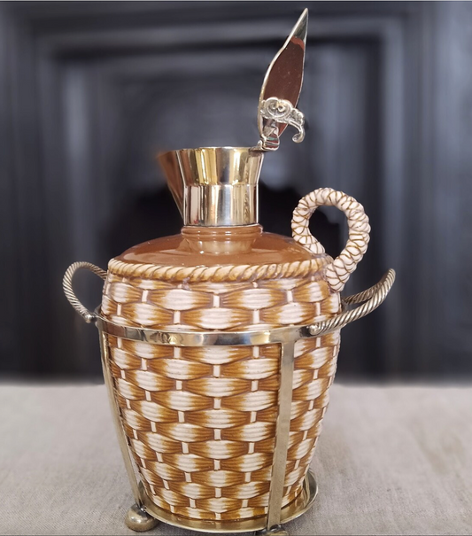 Fabulous Rare Victorian English Antique Ceramic Basket-weave Whisky Jug or Carafe In Silver Plate Caddy by Mappin Webb