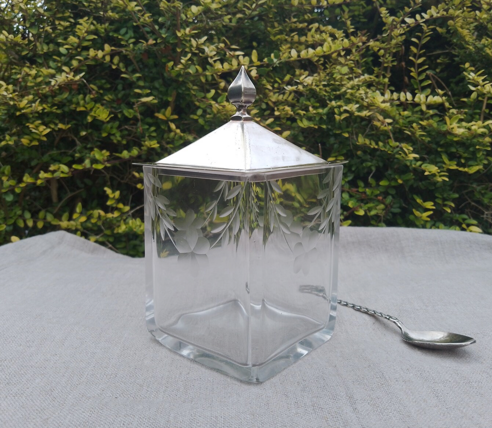 Edwardian English Art Nouveau Antique Etched Glass Pagoda Tea Jar