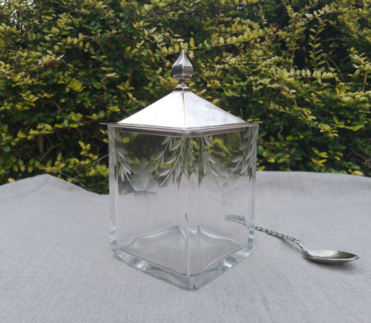 Edwardian English Art Nouveau Antique Etched Glass Pagoda Tea Jar