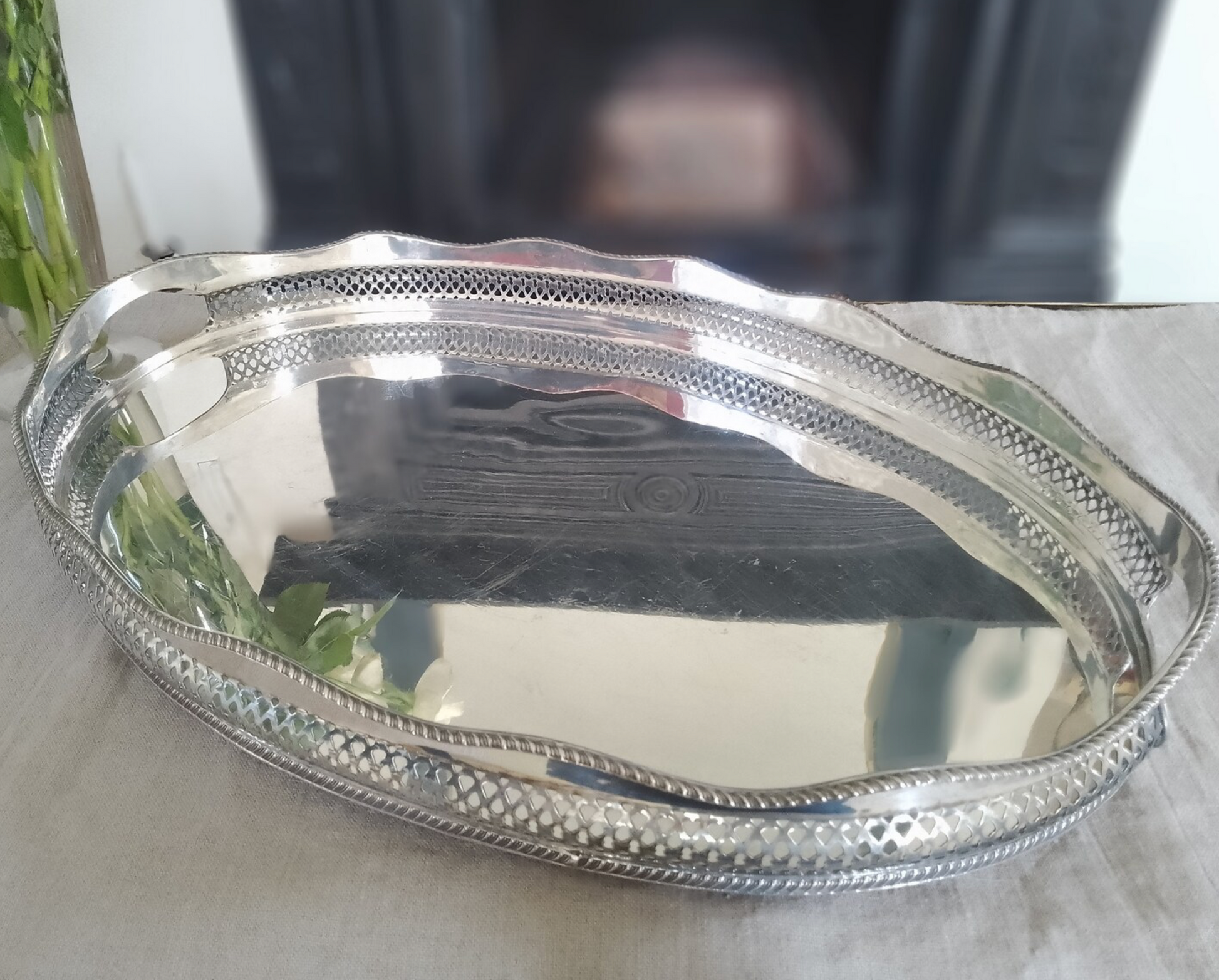 Edwardian silver plate oval gallery tray with pierced decoration, gadrooned wavy edge and twin inset handles
