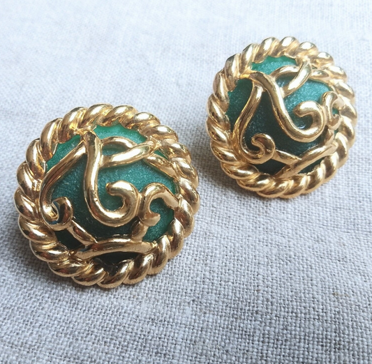 Guy Laroche Paris - Authentic Vintage French Couture Clip on Earrings in Gold Tone Cage over Turquoise Cabochons signed on the Reverse 1980s