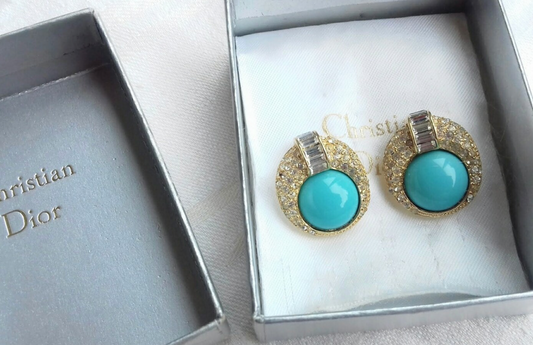 Christian Dior - Authentic Couture Faux Turquoise and Swarovski Crystals Earrings