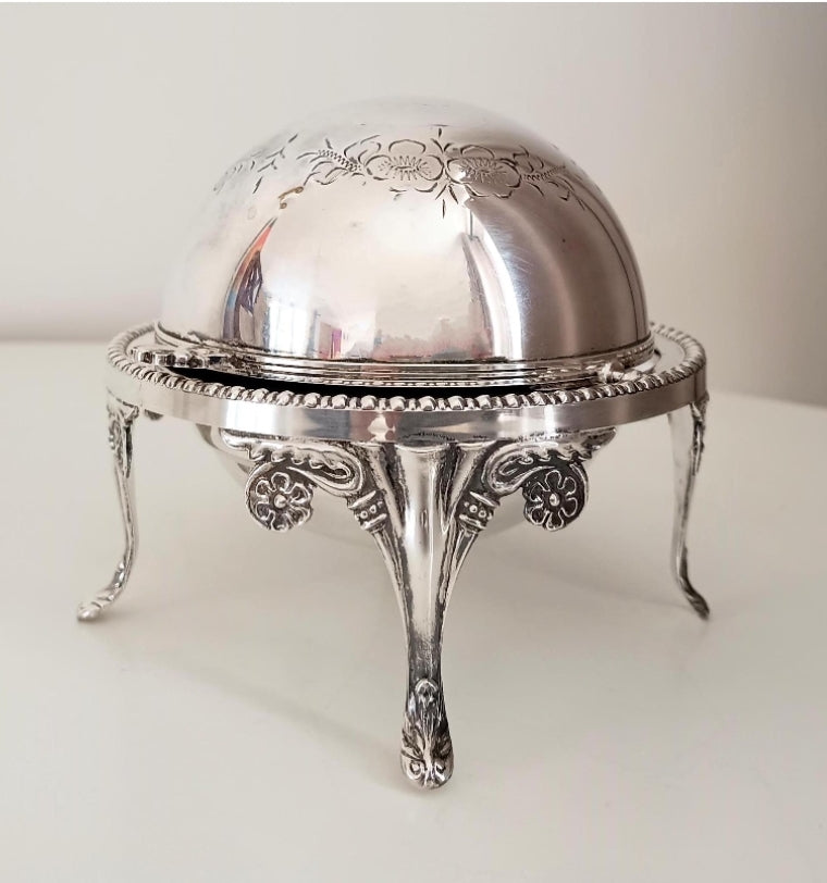 Antique Vintage English Silver Plate Footed Domed Caviar or Butter Dish Hand Engraved Rollover Art Nouveau Style