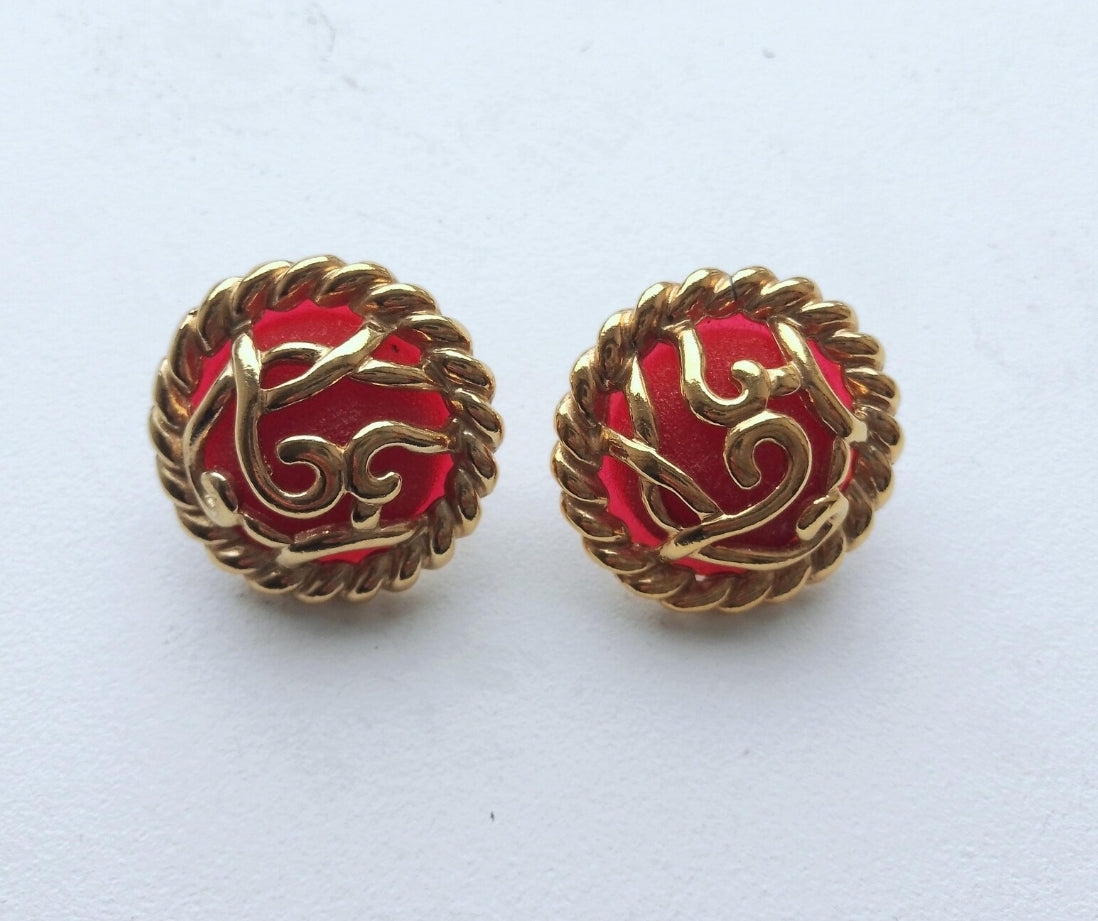 Guy Laroche Paris - Authentic Vintage French Couture Signed Clip on Earrings in Gold Tone Cage over Red Lucite Cabochons circa 1980s