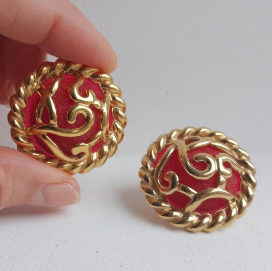 Guy Laroche Paris - Authentic Vintage French Couture Signed Clip on Earrings in Gold Tone Cage over Red Lucite Cabochons circa 1980s