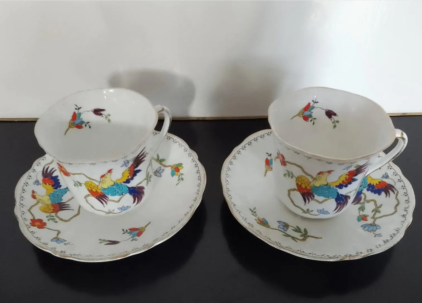 Pair of Rare English Vintage Porcelain Hand Painted Aesthetic Movement Chelsea Style Tea Cup Duos by Wellington