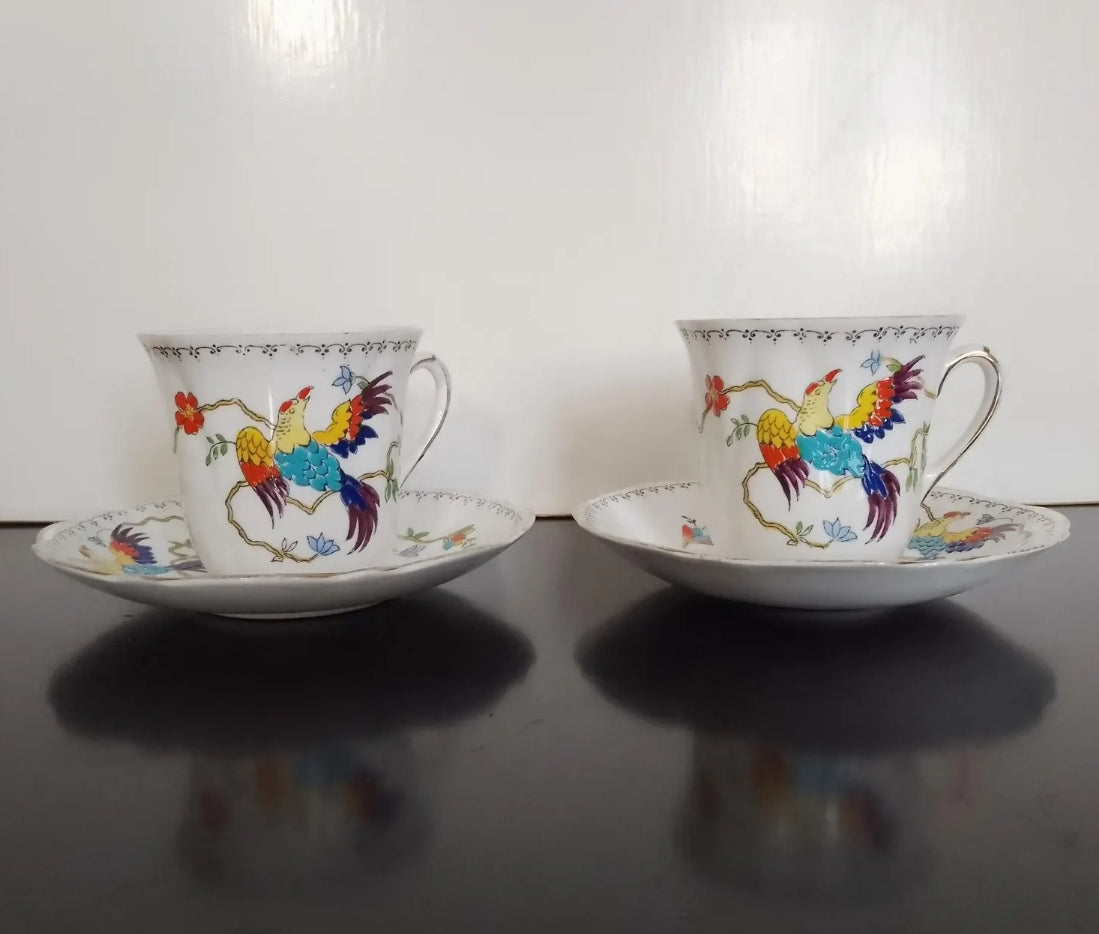 Vintage English Porcelain Tea Cups with Paradise Birds