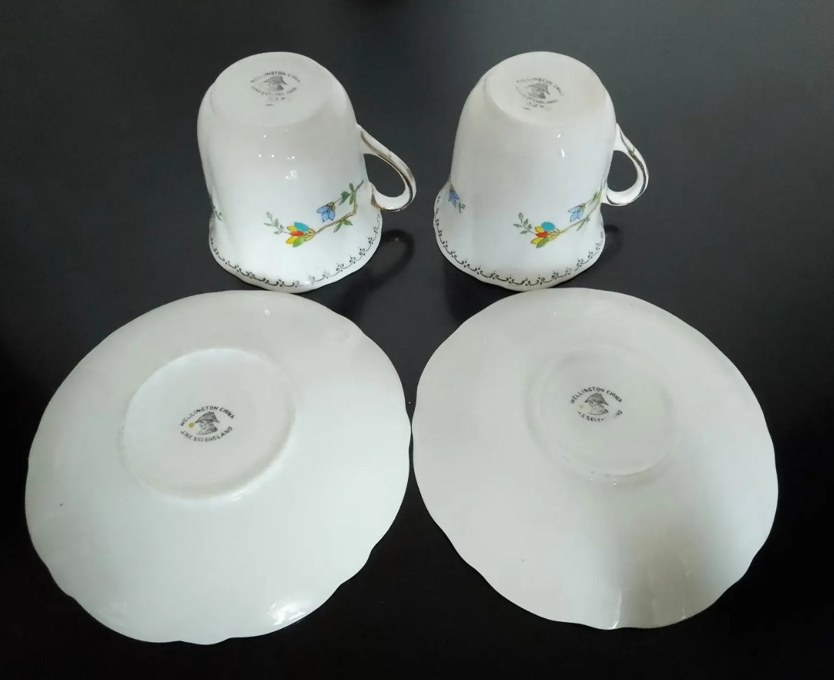 Pair of Rare English Vintage Porcelain Hand Painted Aesthetic Movement Chelsea Style Tea Cup Duos by Wellington