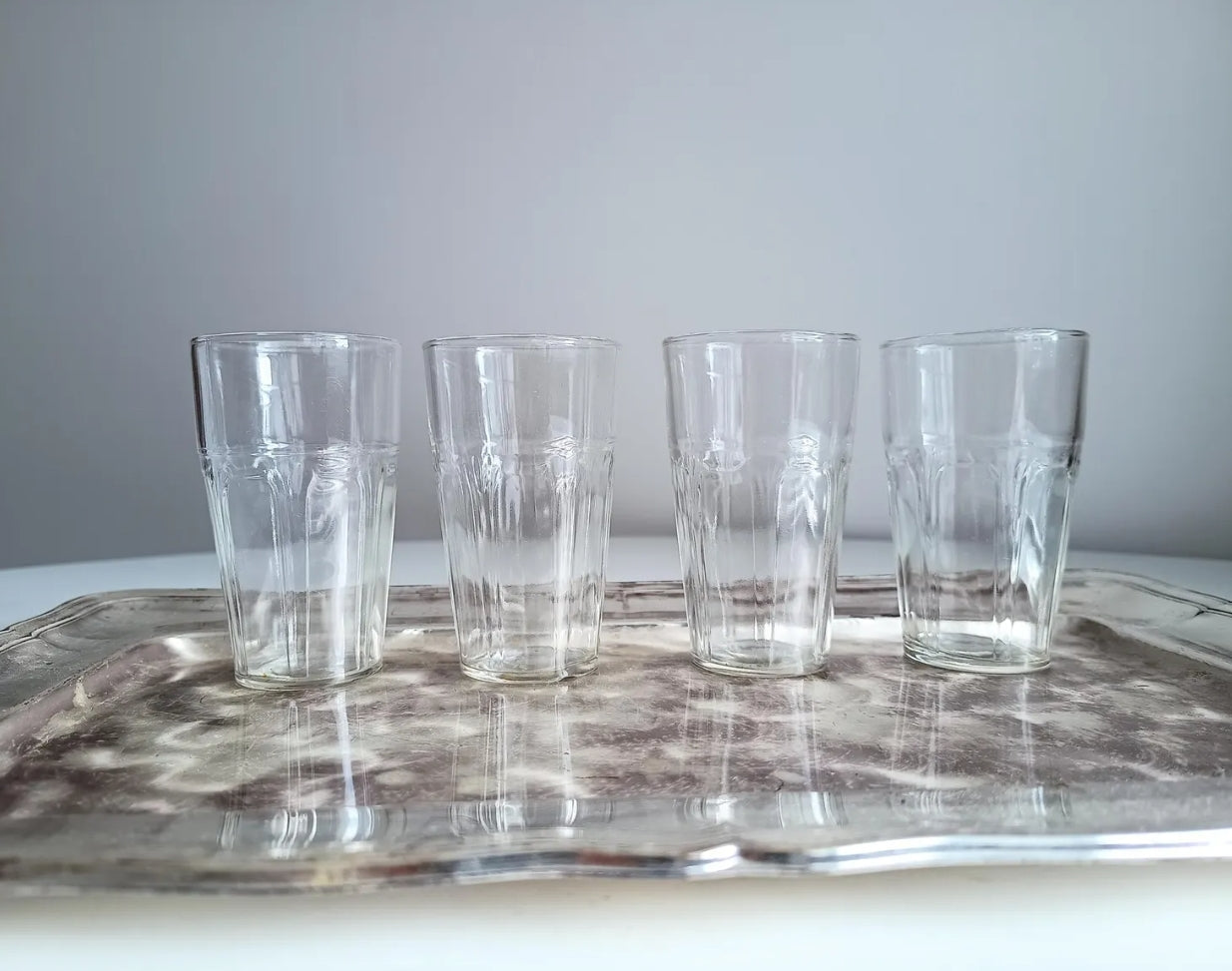Antique or Vintage Early 20th Century Hand Made Set of Four Clear Art Nouveau Juice or Whisky Glasses Faint Pontil Mark Arch-style Pattern