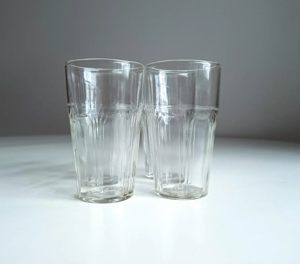 Antique or Vintage Early 20th Century Hand Made Set of Four Clear Art Nouveau Juice or Whisky Glasses Faint Pontil Mark Arch-style Pattern