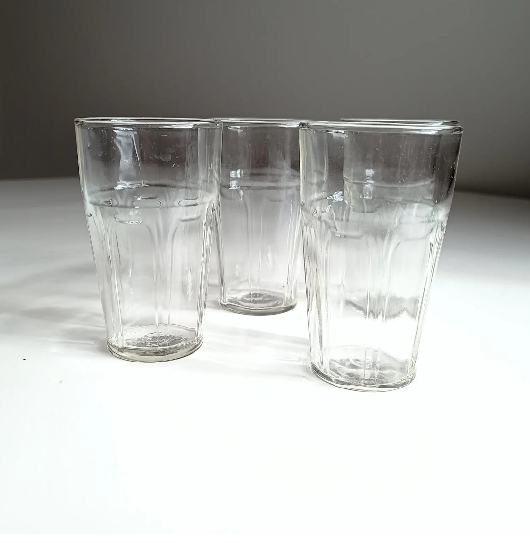 Antique or Vintage Early 20th Century Hand Made Set of Four Clear Art Nouveau Juice or Whisky Glasses Faint Pontil Mark Arch-style Pattern