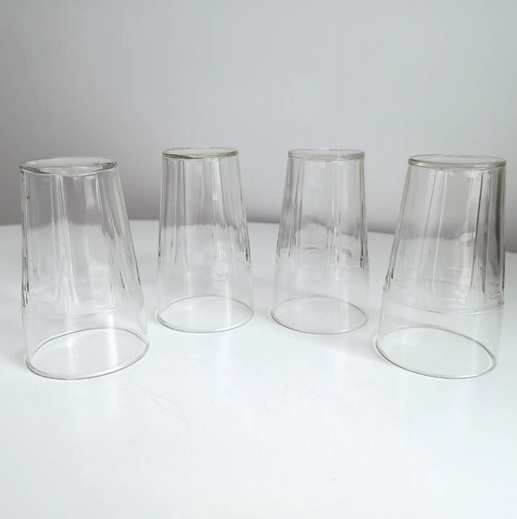 Antique or Vintage Early 20th Century Hand Made Set of Four Clear Art Nouveau Juice or Whisky Glasses Faint Pontil Mark Arch-style Pattern