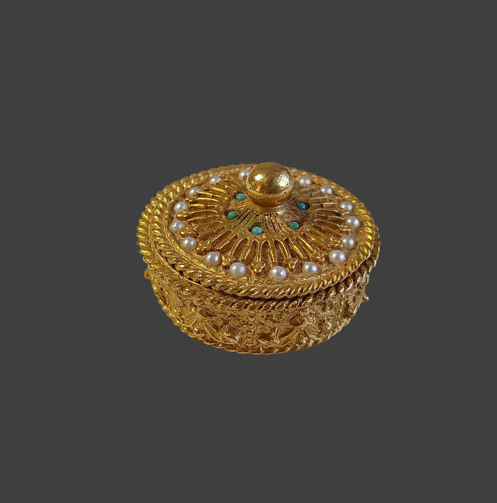 Vintage Mirella Faux Turquoise Seed Pearl Pill Box or Trinket Ring Box made in England c 1960s
