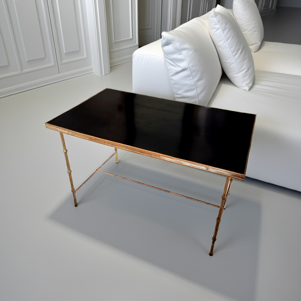 Maison Bagues Style Midcentury Coffee or Side Table with Faux Bamboo brass legs and Black Formica Top