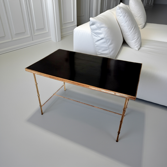 Maison Bagues Style Midcentury Coffee or Side Table with Faux Bamboo brass legs and Black Formica Top