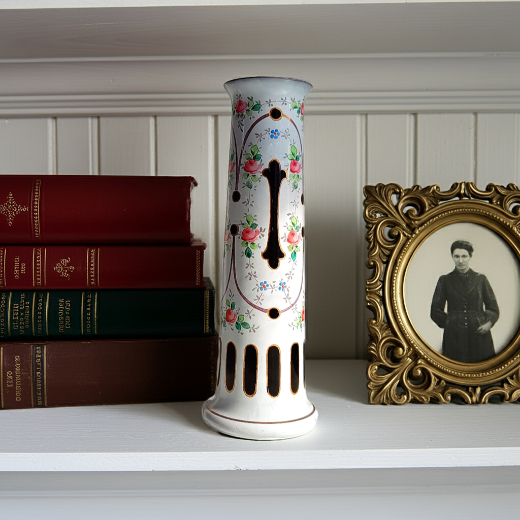 Harrach Black Opaline Glass Column Vase Enamelled in White by Moser