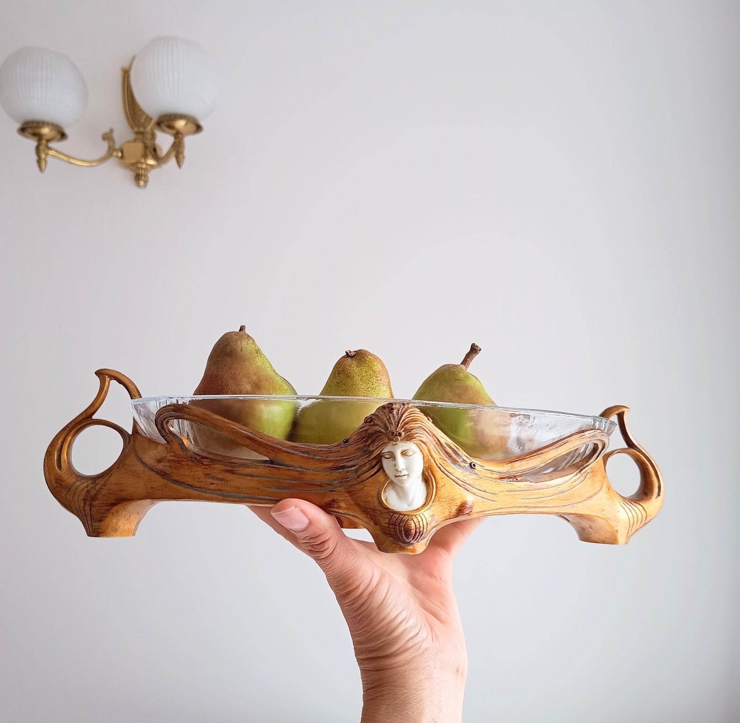 Art Nouveau Jugendstil Revival: Gilt Resin Base & Molded Glass Large Centrepiece Bowl in the style of Orivit and WMF