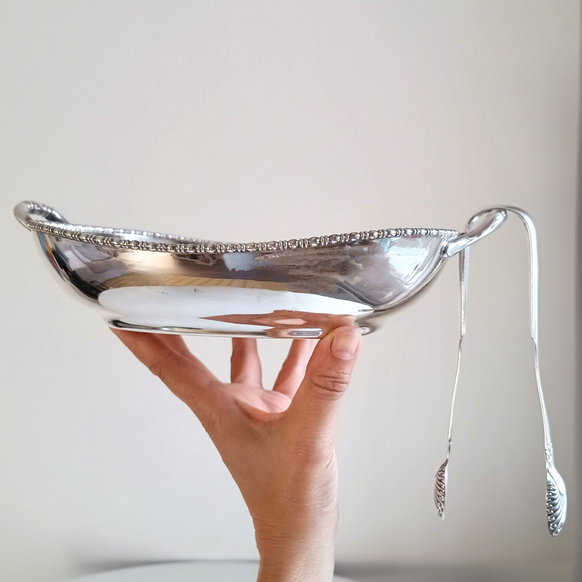 Vintage Silver Bread Roll Basket with Gadrooned Edge and Two Handles