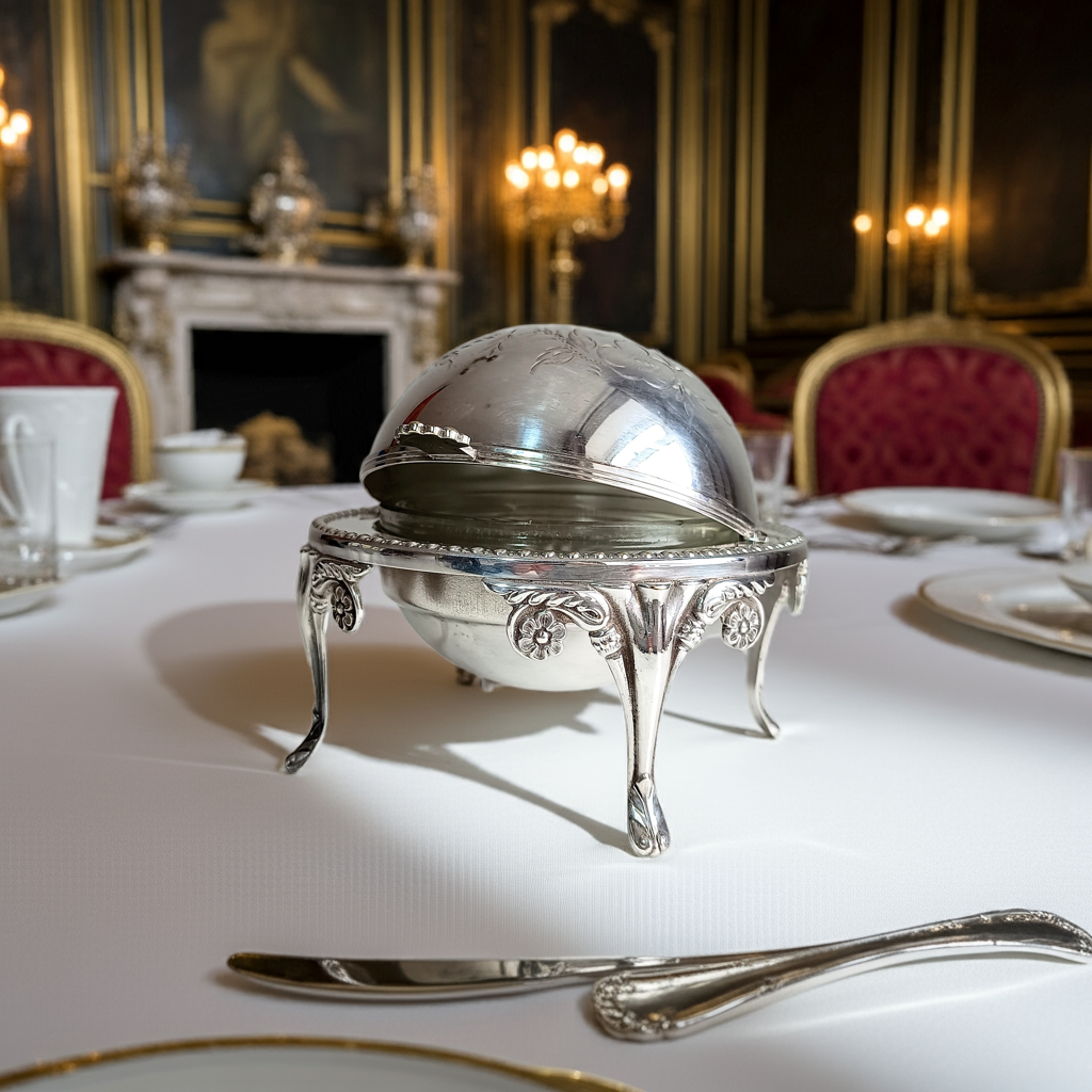 Antique or Vintage English Silver Plate Footed Domed Caviar or Butter Dish with Hand Engraved Rollover Cover Art Nouveau Style