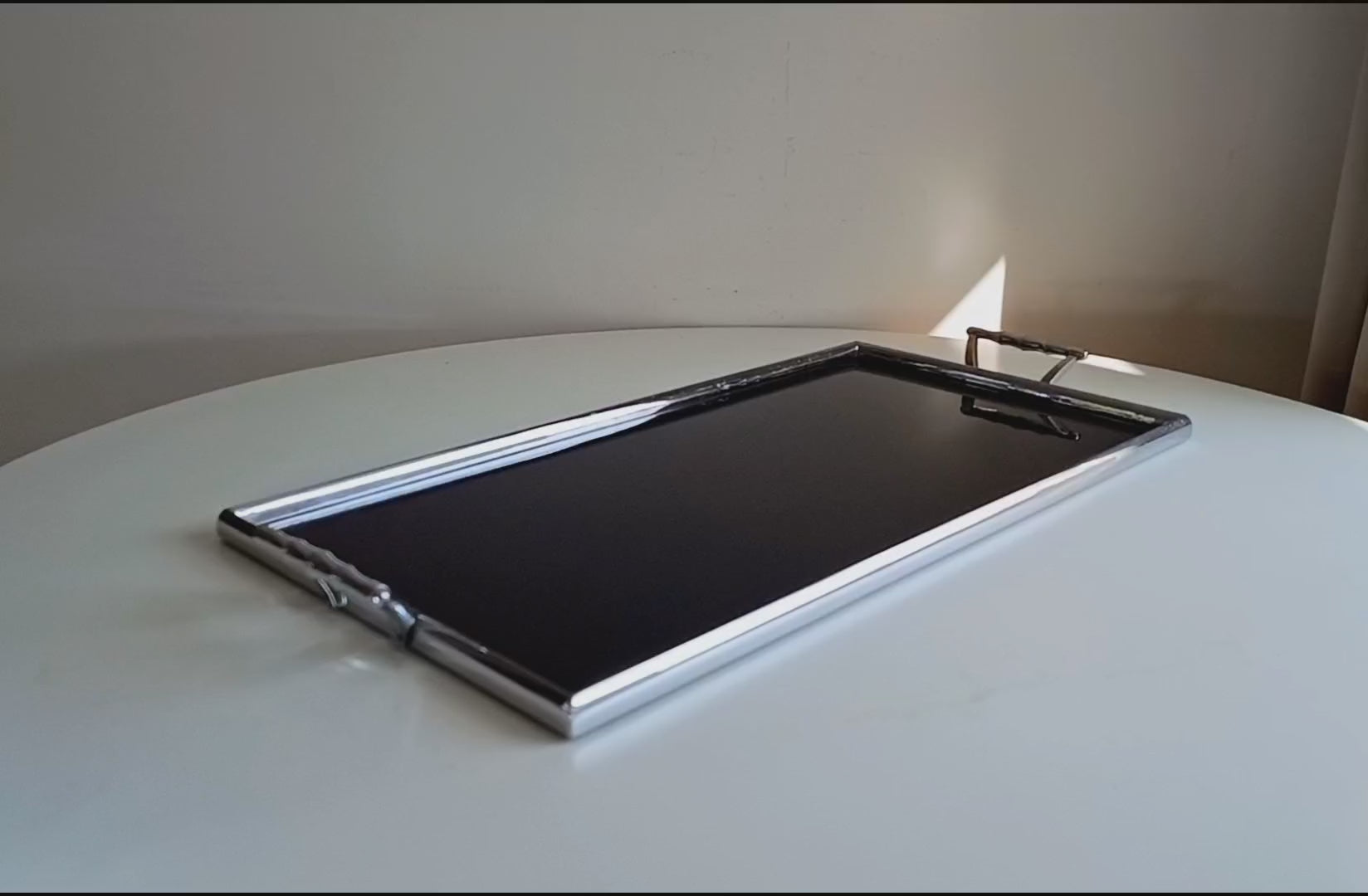 Maison Baguès – style Mid-Century Modern tray - deep black Vitrolite pressed glass with faux bamboo chromed brass handles