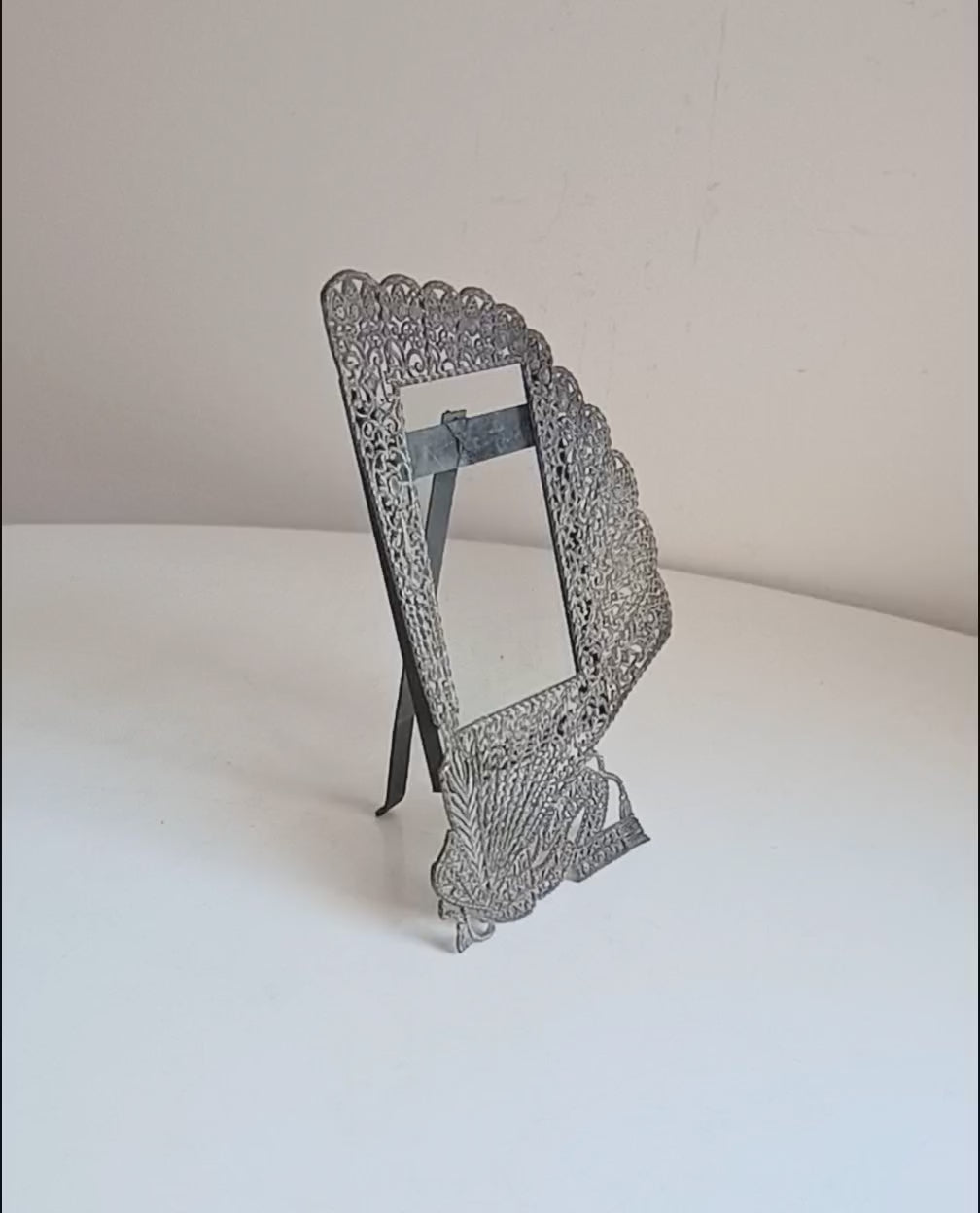 Antique Art Nouveau Jugendstil Faux Filigree Curtain Shaped Tabletop Easel Stand Toleware Photo Frame