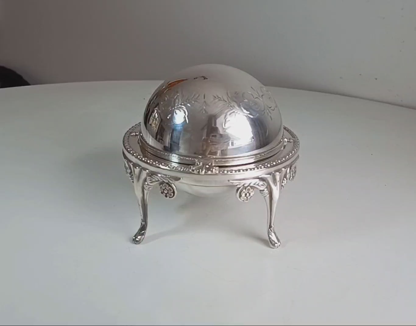Vintage English Silver Plate Footed Domed Caviar or Butter Dish with Hand Engraved Rollover Cover Art Nouveau Style