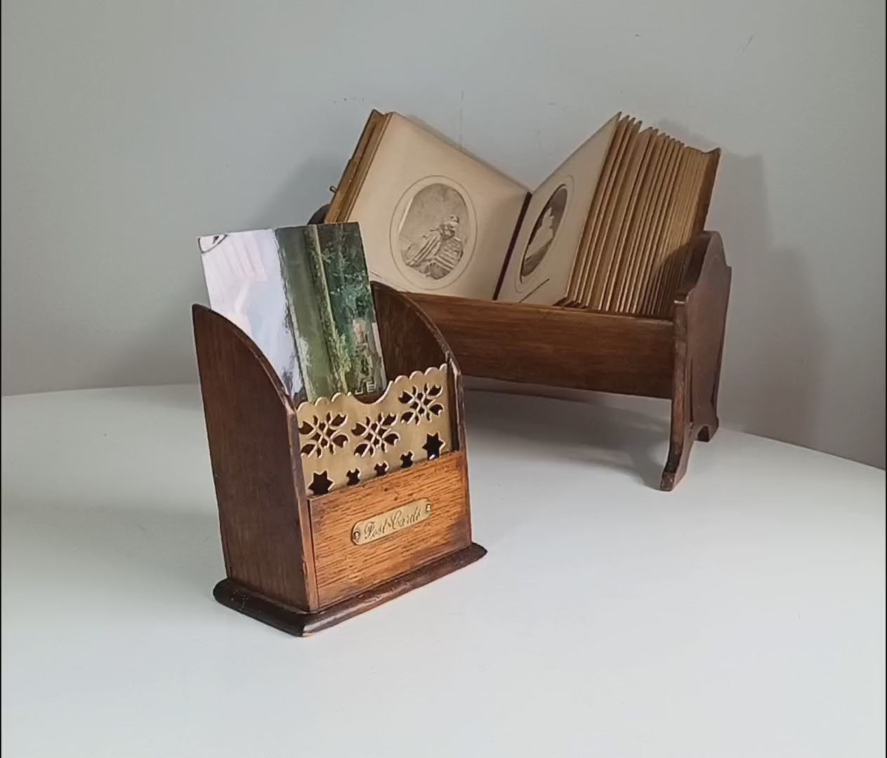Victorian oak and brass small Tabletop letter rack