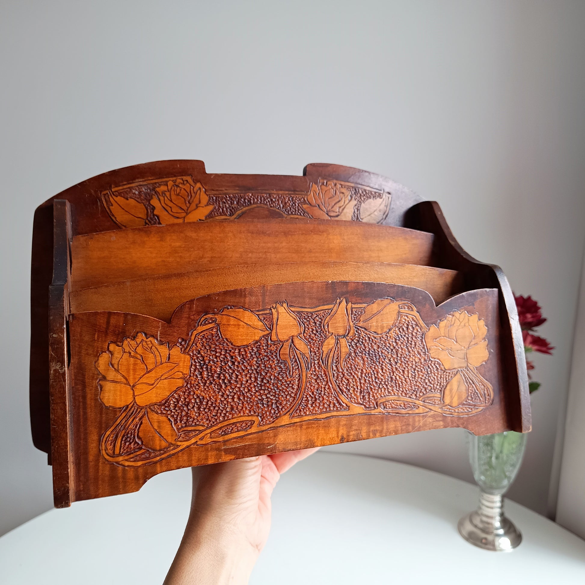 Art Nouveau Arts and Crafts Letter Rack with Jugendstil Pyrography Pokerwork Floral Whiplash Decor in Liberty & Co Style