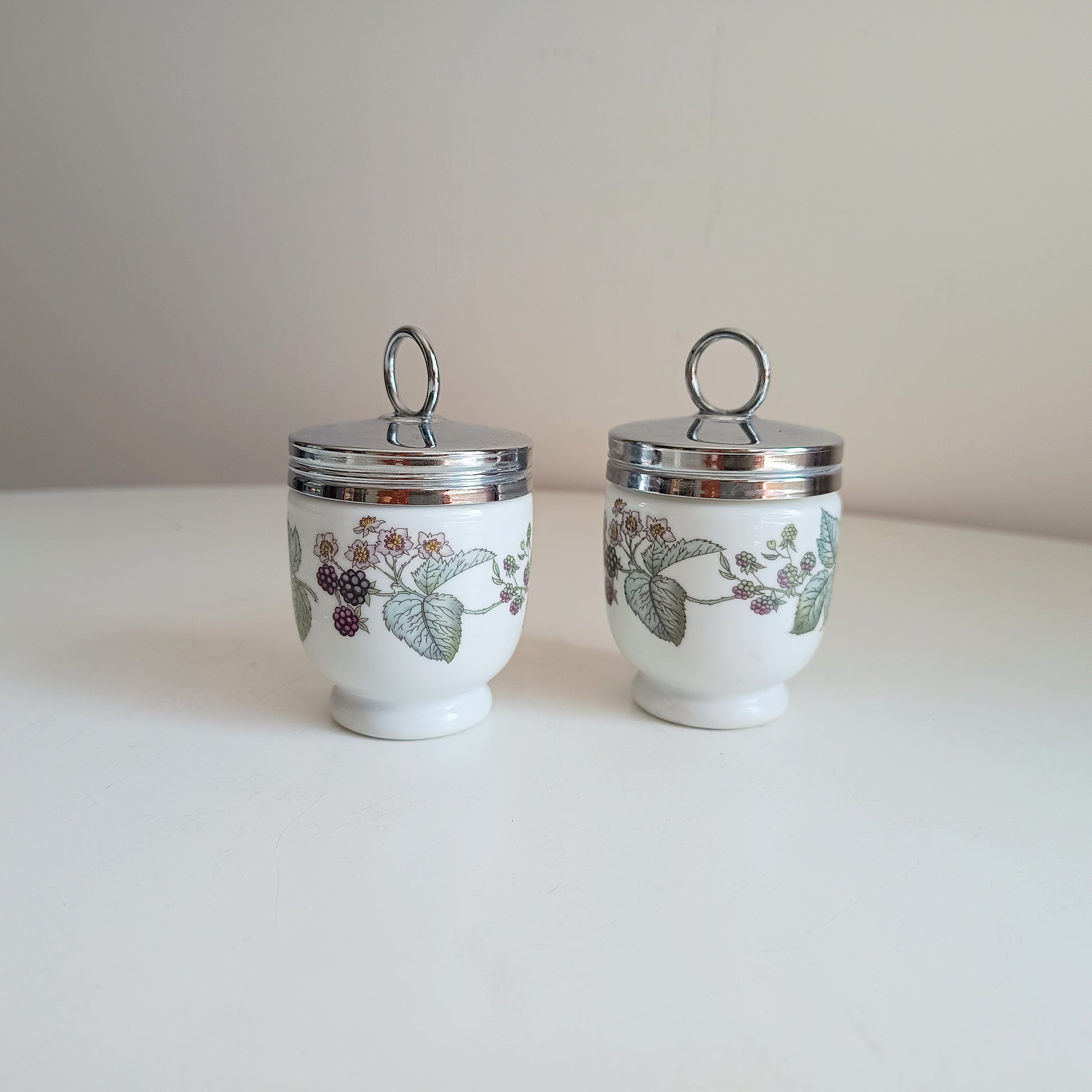 Pair of Vintage Royal Worcester Porcelain Egg Coddlers with Silver Tone Lids Blackberry Pattern Lavinia