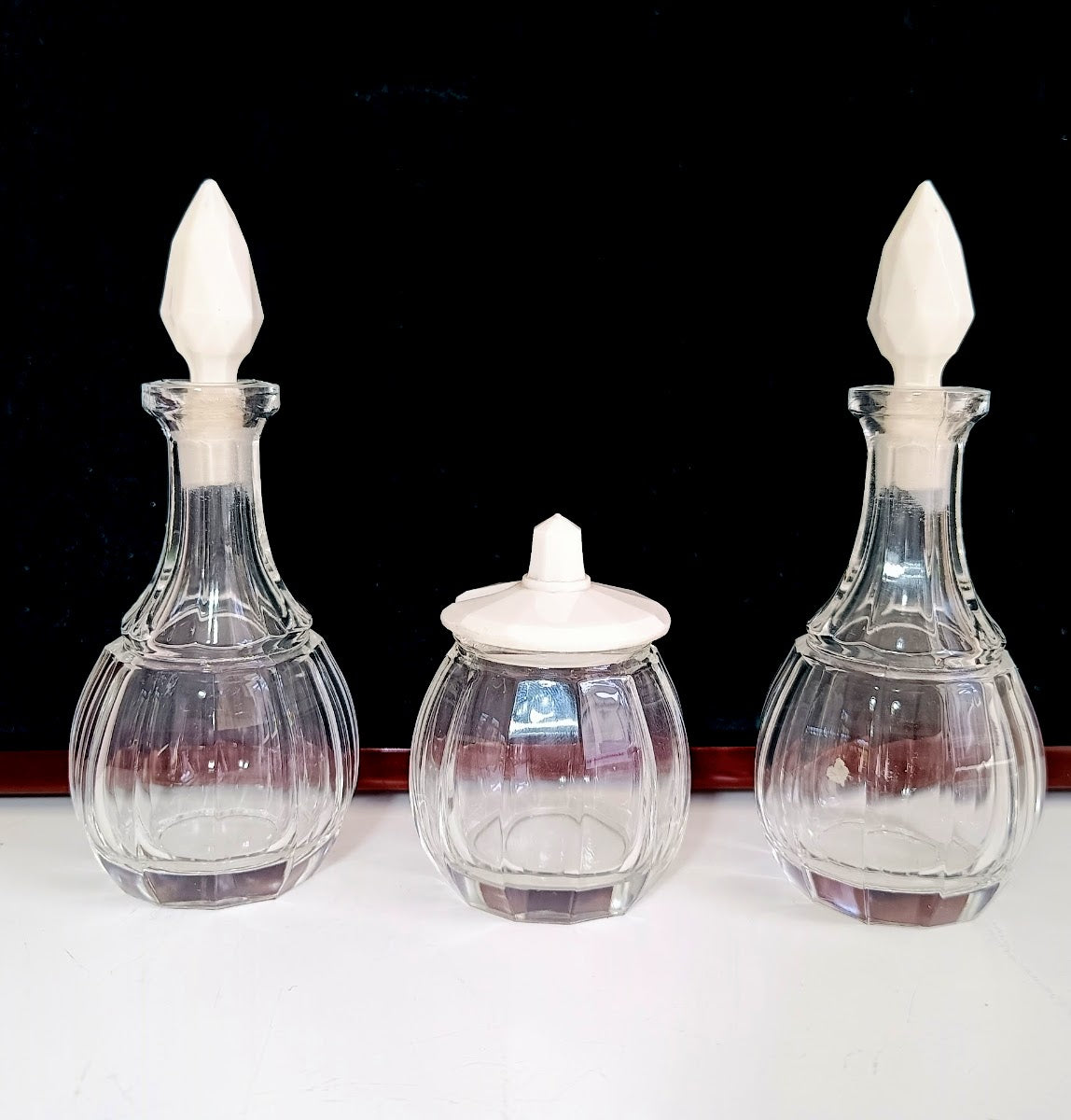 Rare Antique Jugendstil Cruet Set of Cut Molded Bottles with Faceted Uranium White Opaline Glass Stoppers and Lid Late Art Nouveau Bohemia