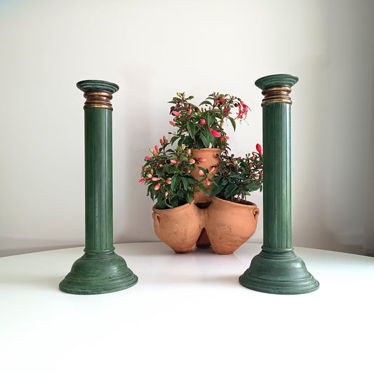 Pair of Grand Heavy Bronze Neoclassical Column 3-Part Candlesticks in the style or by Jacques Adnet c 1930s Empire Revival Art Deco France