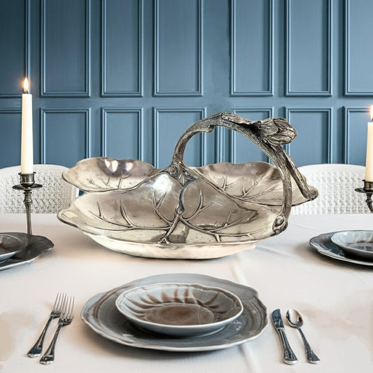 Unique Art Nouveau Edwardian Lilly Pad Triple-Bowl Server – William Wheatcroft Harrison, Sheffield Silver Plate