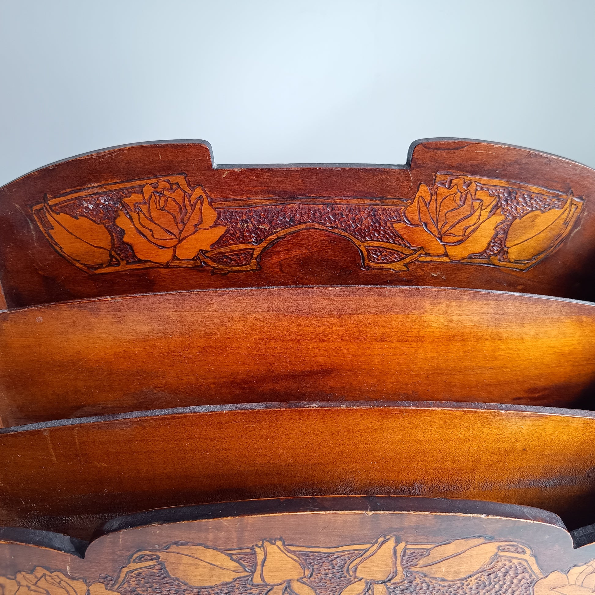 Art Nouveau Arts and Crafts Letter Rack with Jugendstil Pyrography Pokerwork Floral Whiplash Decor in Liberty & Co Style