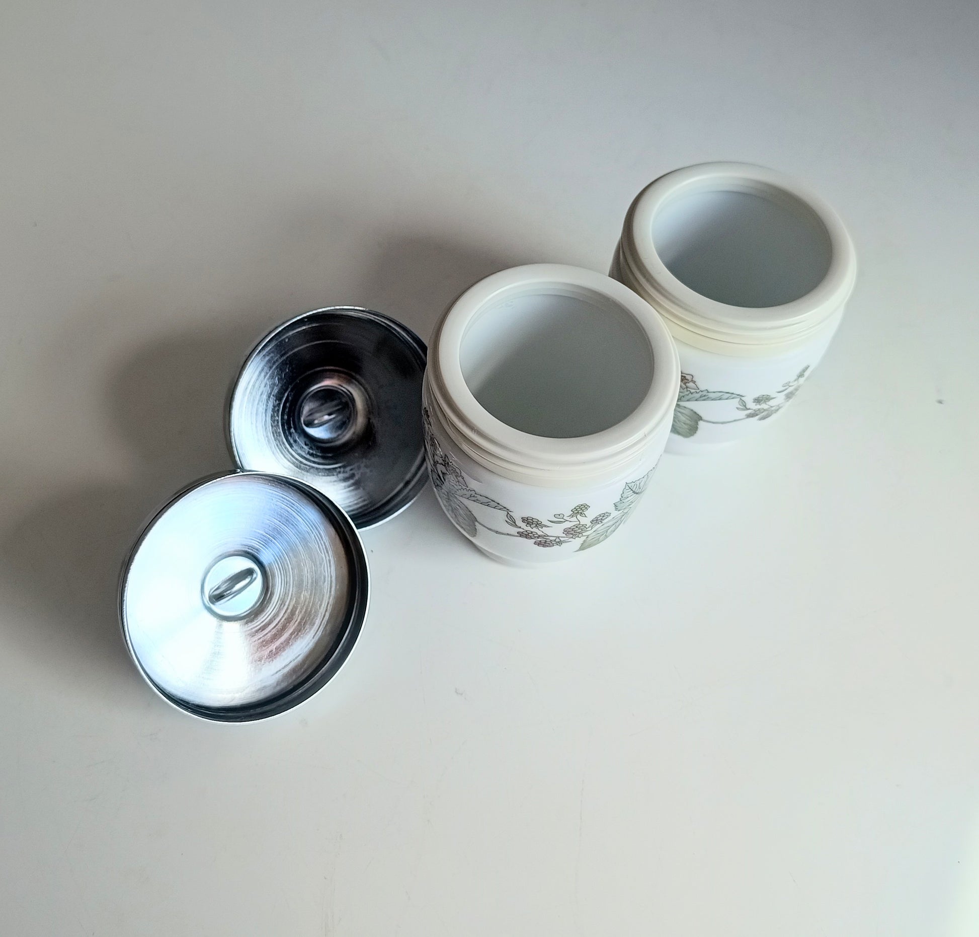 Pair of Vintage Royal Worcester Porcelain Egg Coddlers with Silver Tone Lids Blackberry Pattern Lavinia