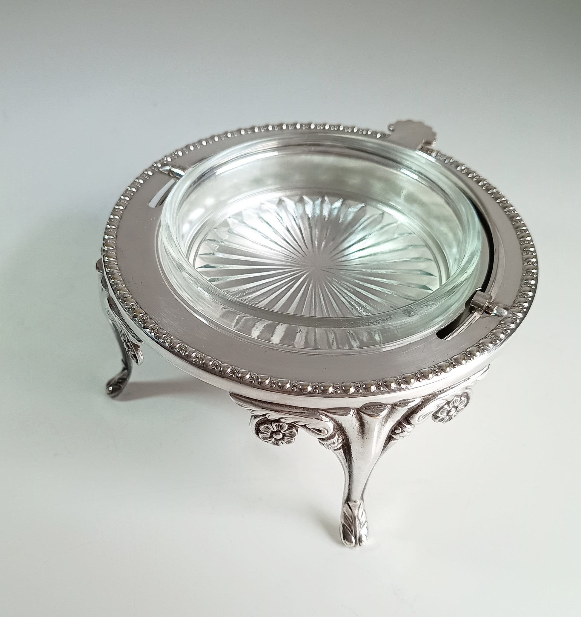 Vintage English Silver Plate Footed Domed Caviar or Butter Dish with Hand Engraved Rollover Cover Art Nouveau Style