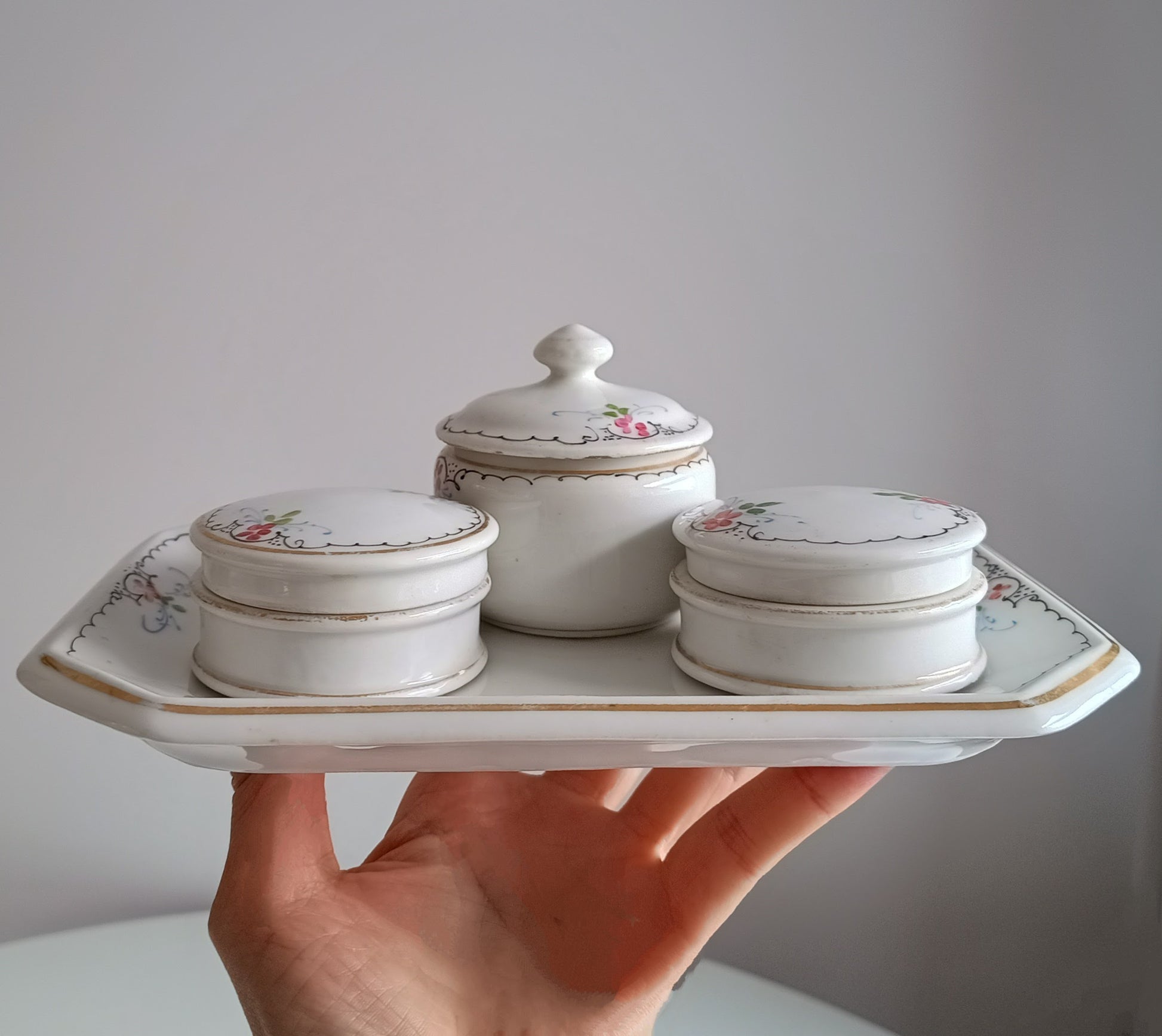 19th century French Porcelain Set of Hand-Painted Tray and 3 Lidded Pots Limoges