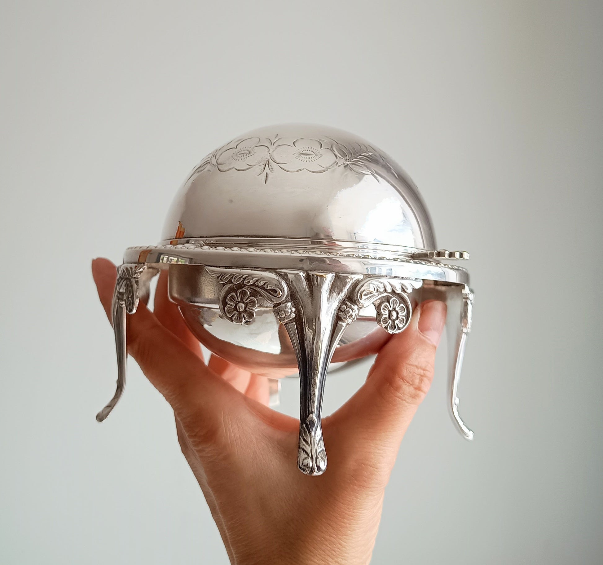 Vintage English Silver Plate Footed Domed Caviar or Butter Dish with Hand Engraved Rollover Cover Art Nouveau Style