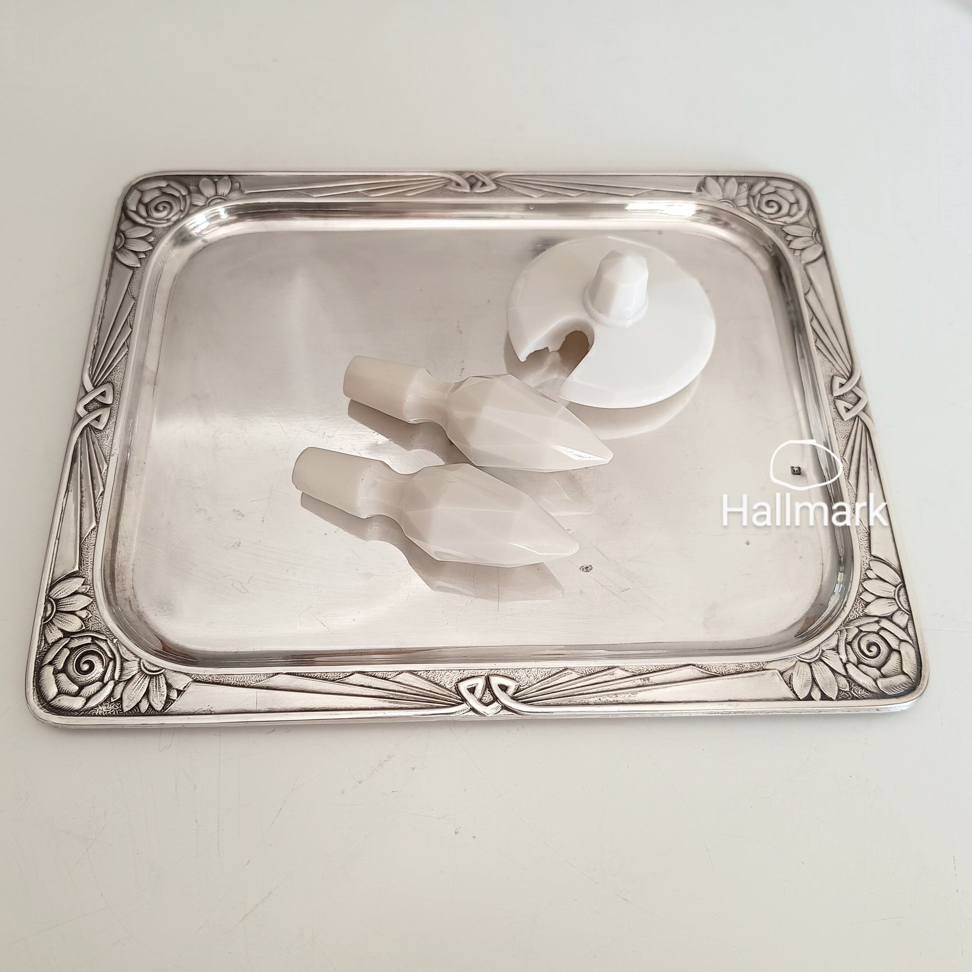 Rare Antique Jugendstil Cruet Set of Cut Molded Bottles with Faceted Uranium White Opaline Glass Stoppers and Lid Late Art Nouveau Bohemia