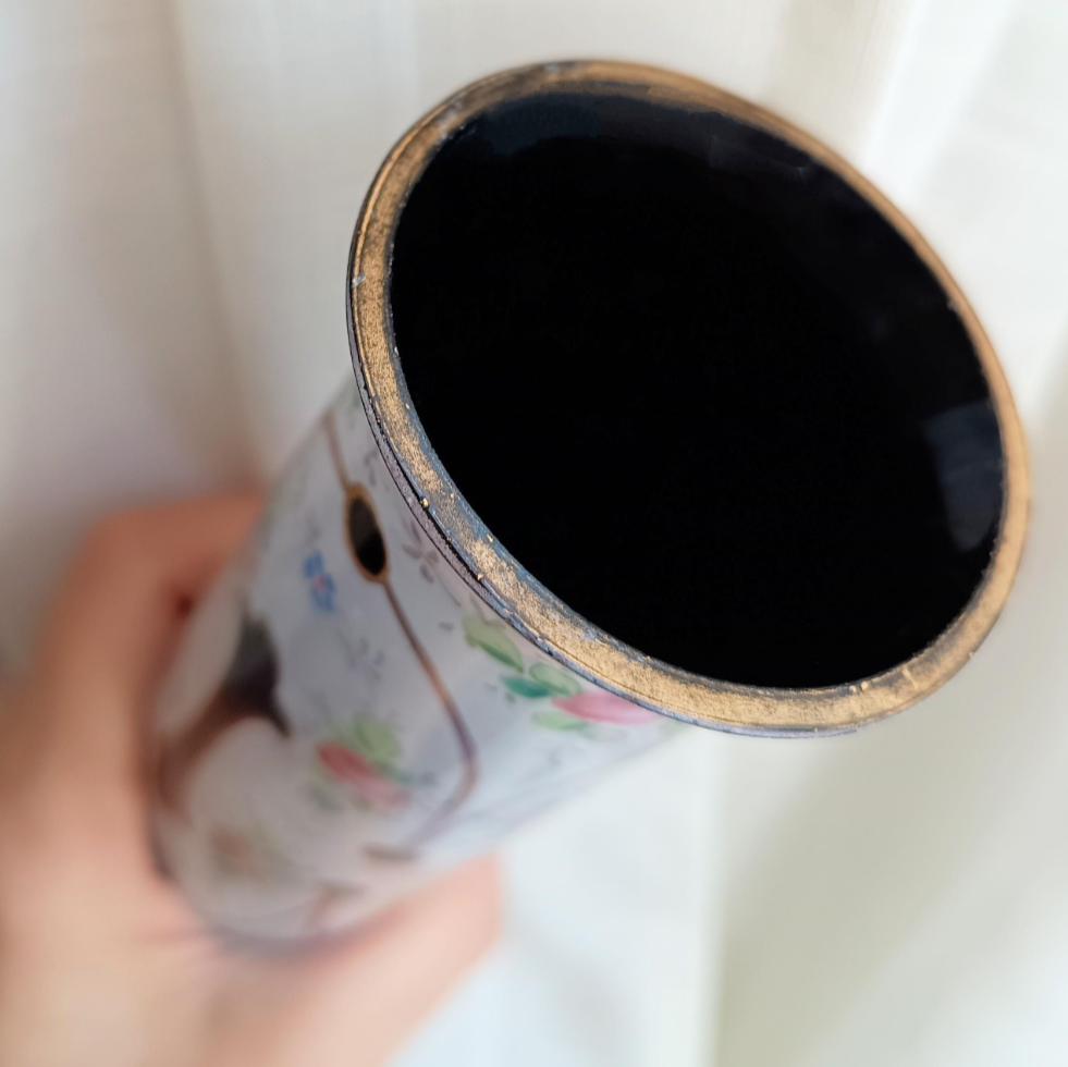 Biedermeier Harrach Black Opaline Glass Column Vase Enamelled in White by Moser - Rose Garlands, Cut-out Edges Antique Bohemia Silesia 1880s