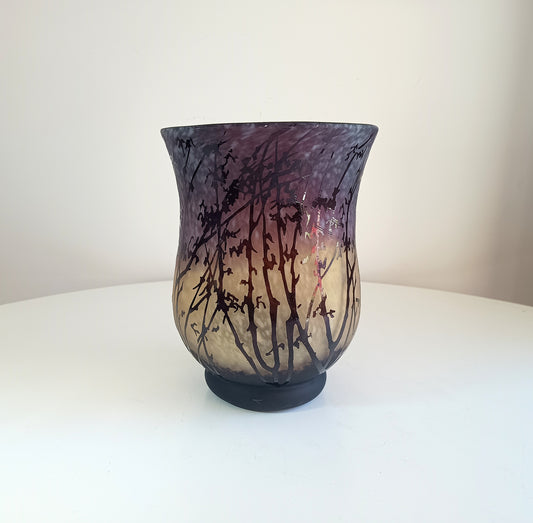 Art Nouveau Acid etched Cased Glass Vase in Amber and Plum Colour in the style of French Cameo Glass of Gallé and Daum