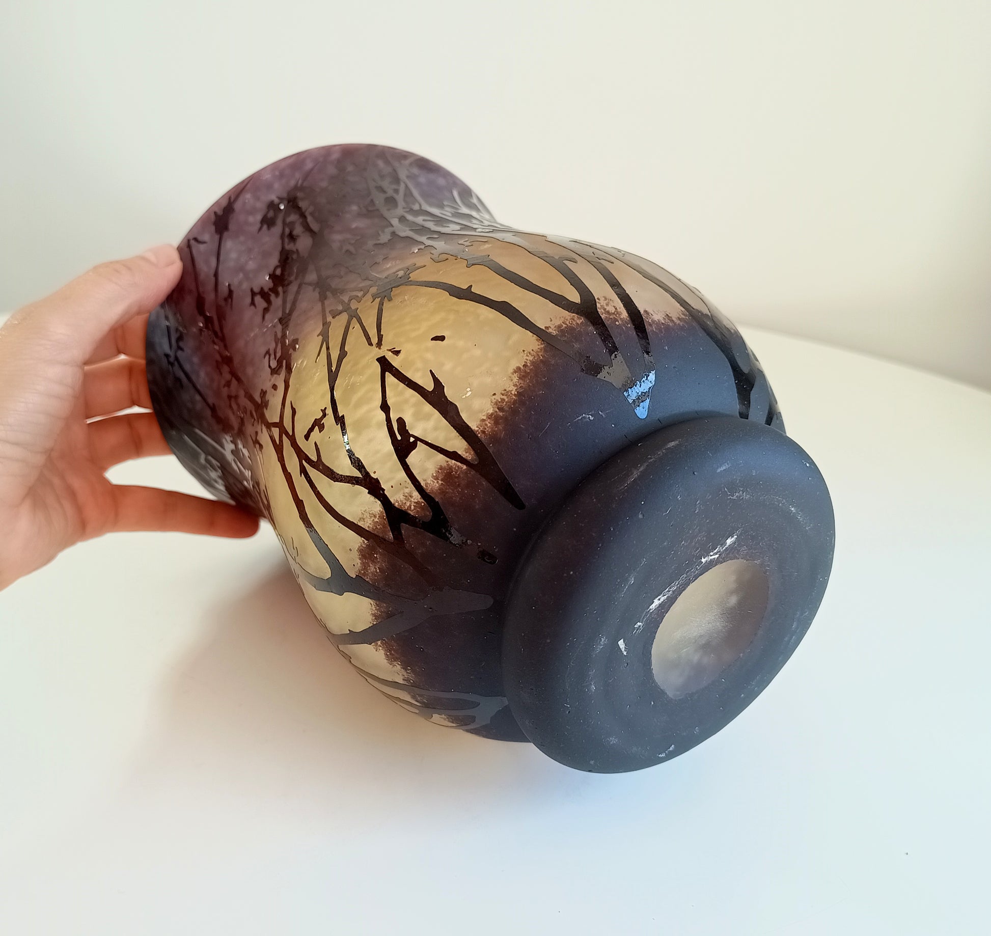 Art Nouveau Acid etched Cased Glass Vase in Amber and Plum Colour in the style of French Cameo Glass of Gallé and Daum