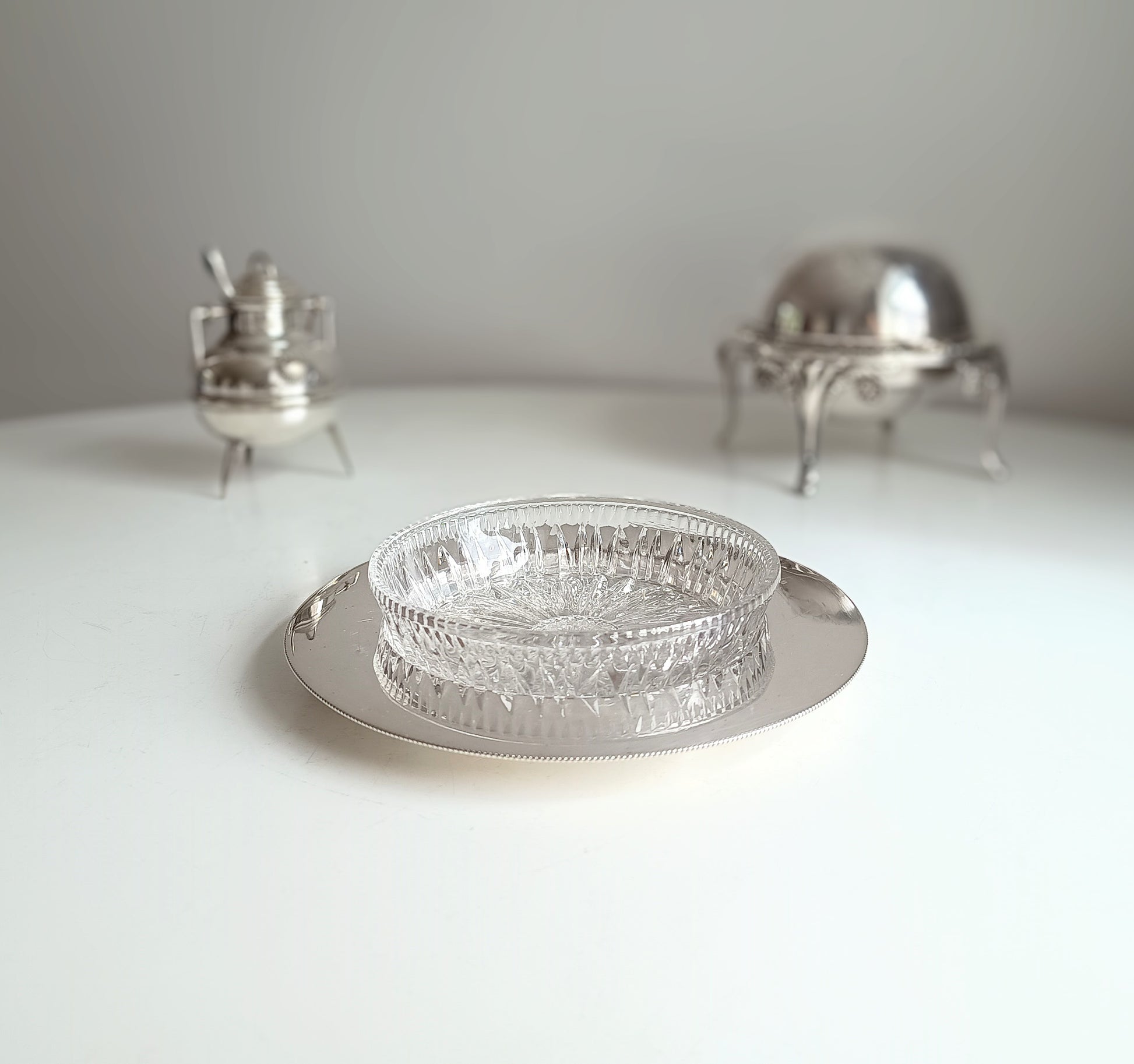 1900s Antique English Walker and Hall Cut Crystal Butter Dish, Pate Presentoir or Caviar Server Silver Plated Base Edwardian Era EPBM Mark