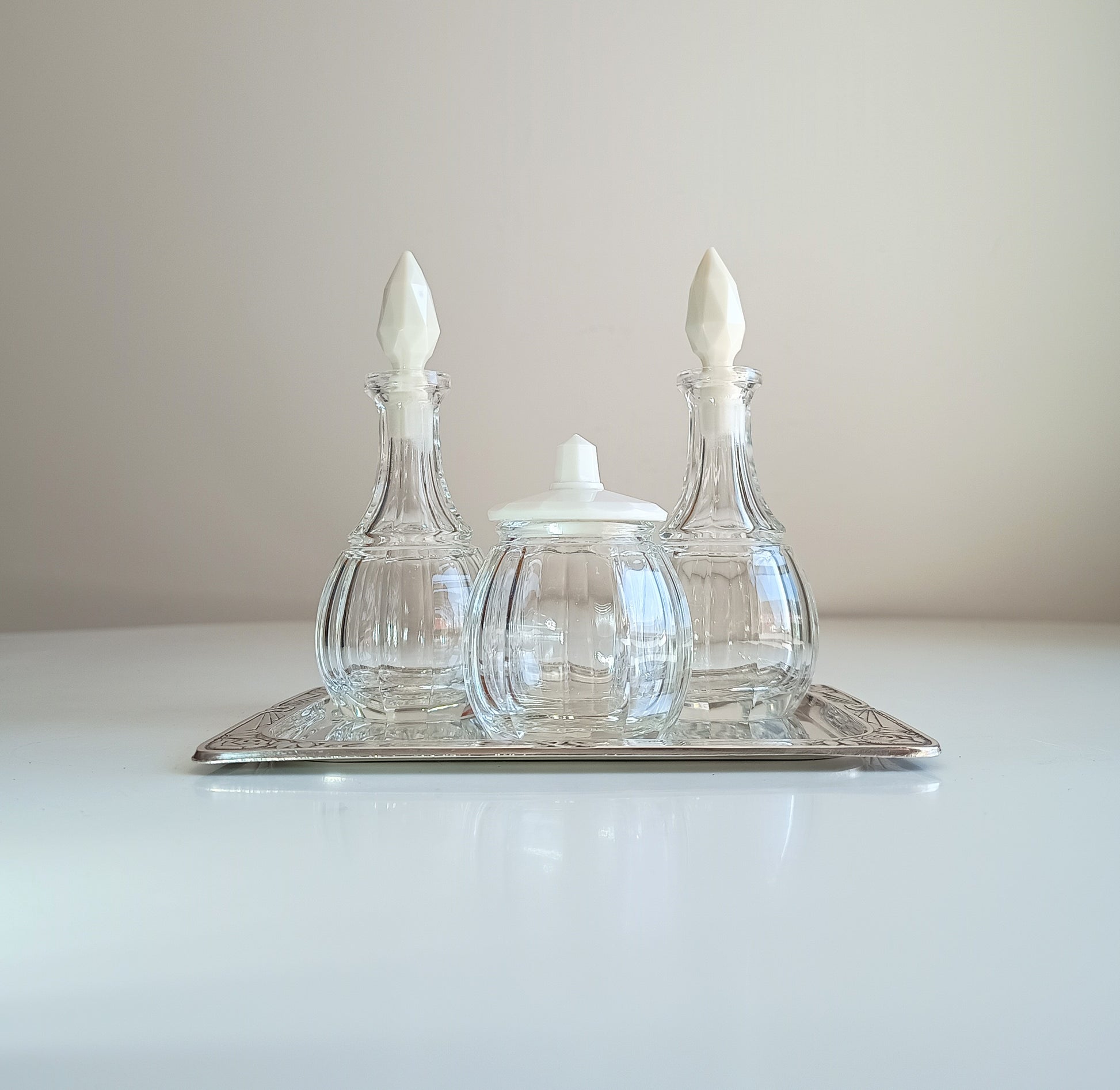 Rare Antique Jugendstil Cruet Set of Cut Molded Bottles with Faceted Uranium White Opaline Glass Stoppers and Lid Late Art Nouveau Bohemia