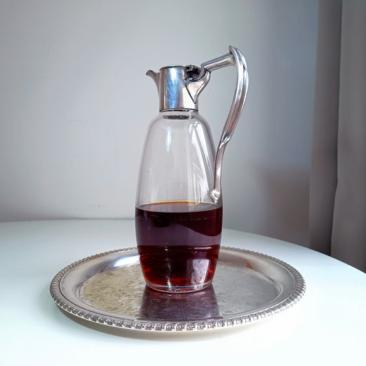 Art Nouveau Claret Jug with Star Cut Crystal Base Silver Whiplash Curve Silver Handle Monogram CW or WC