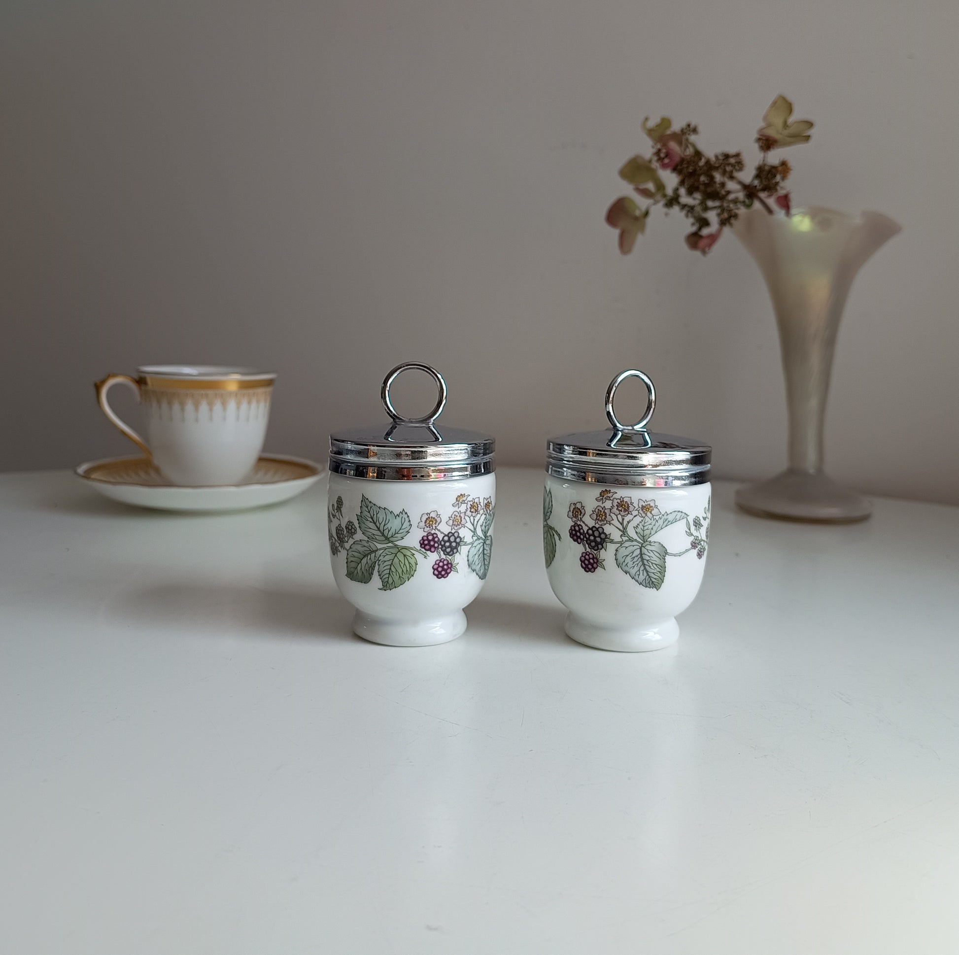 Pair of Vintage Royal Worcester Porcelain Egg Coddlers with Silver Tone Lids Blackberry Pattern Lavinia