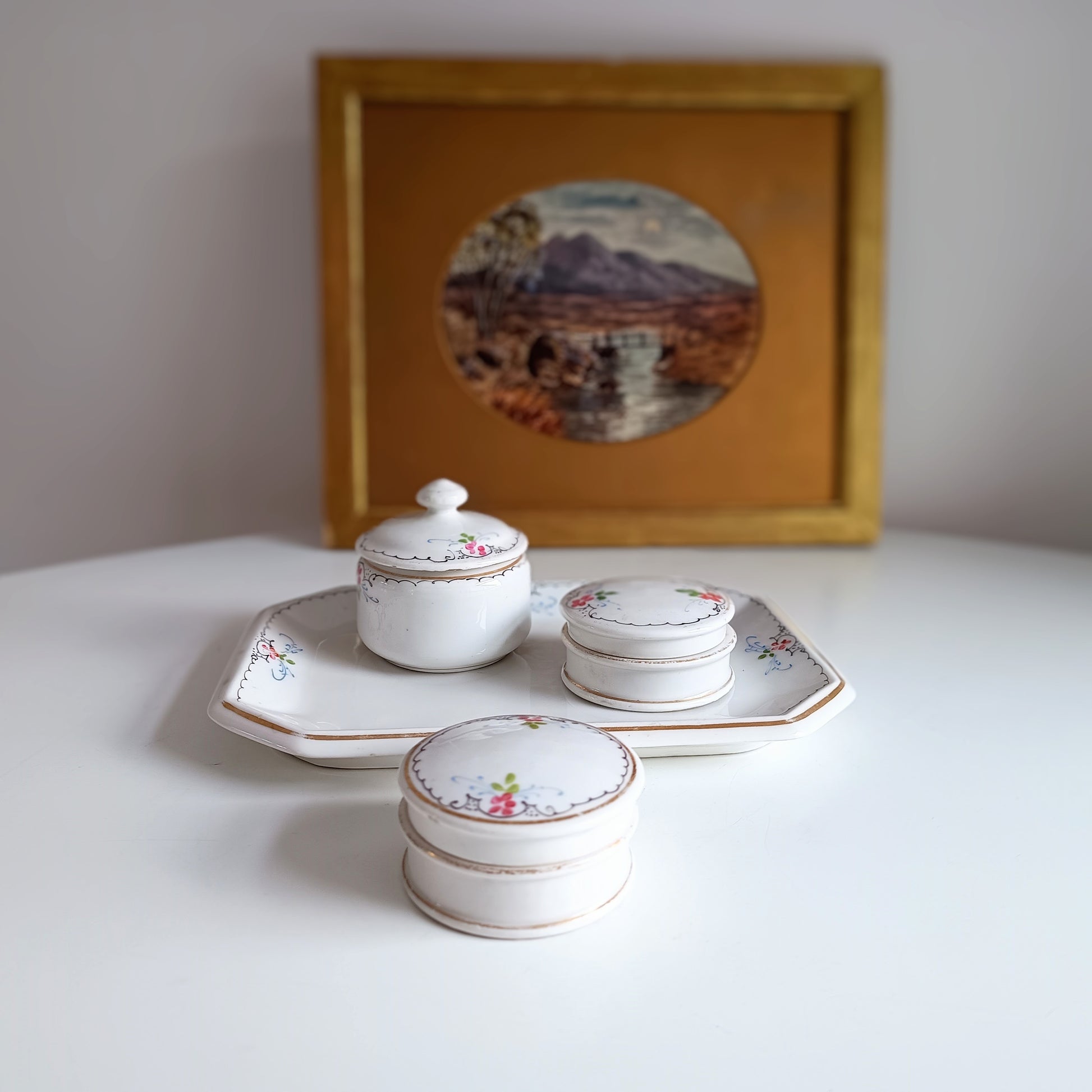 19th century French Porcelain Set of Hand-Painted Tray and 3 Lidded Pots Limoges