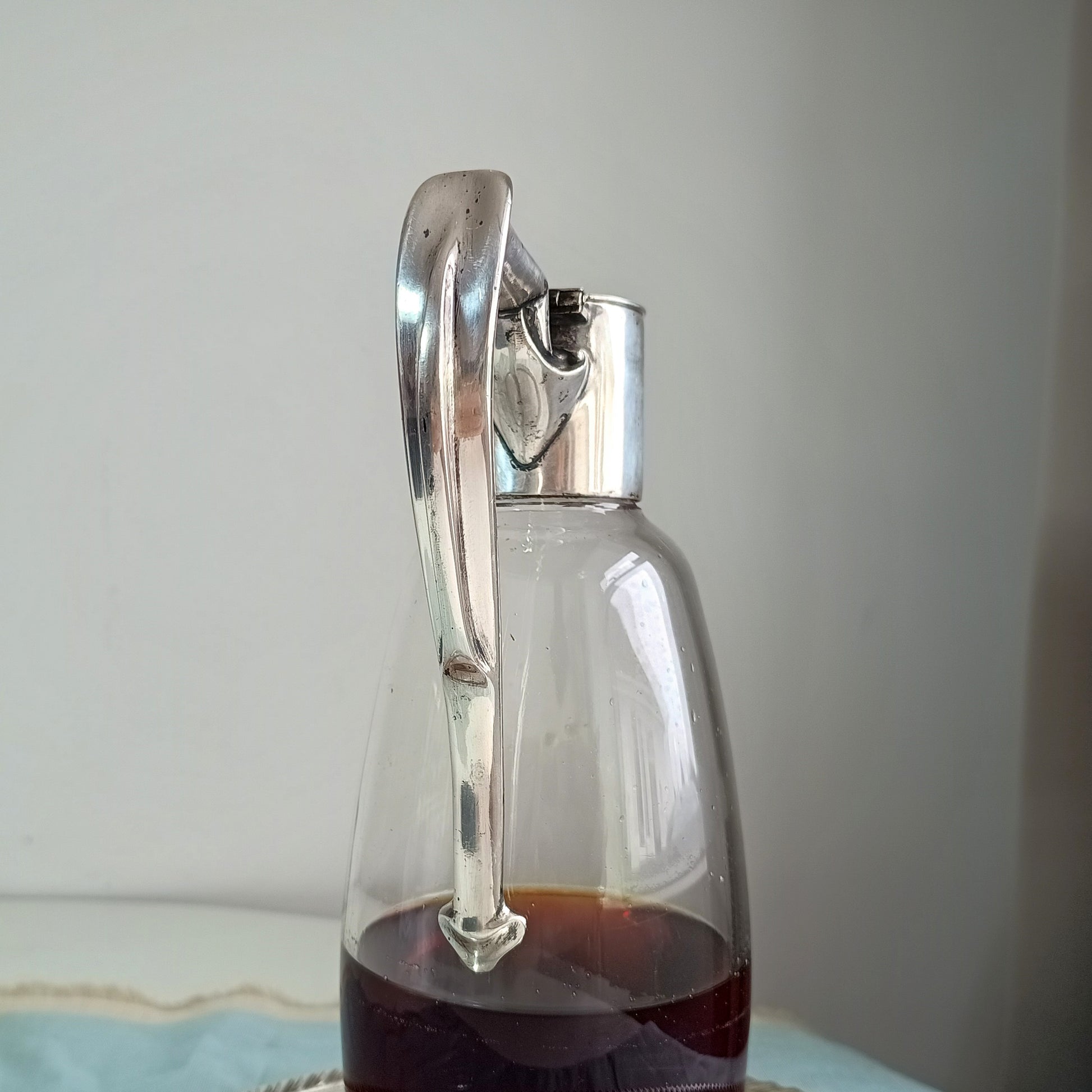 Art Nouveau Claret Jug with Star Cut Crystal Base Silver Whiplash Curve Silver Handle Monogram CW or WC