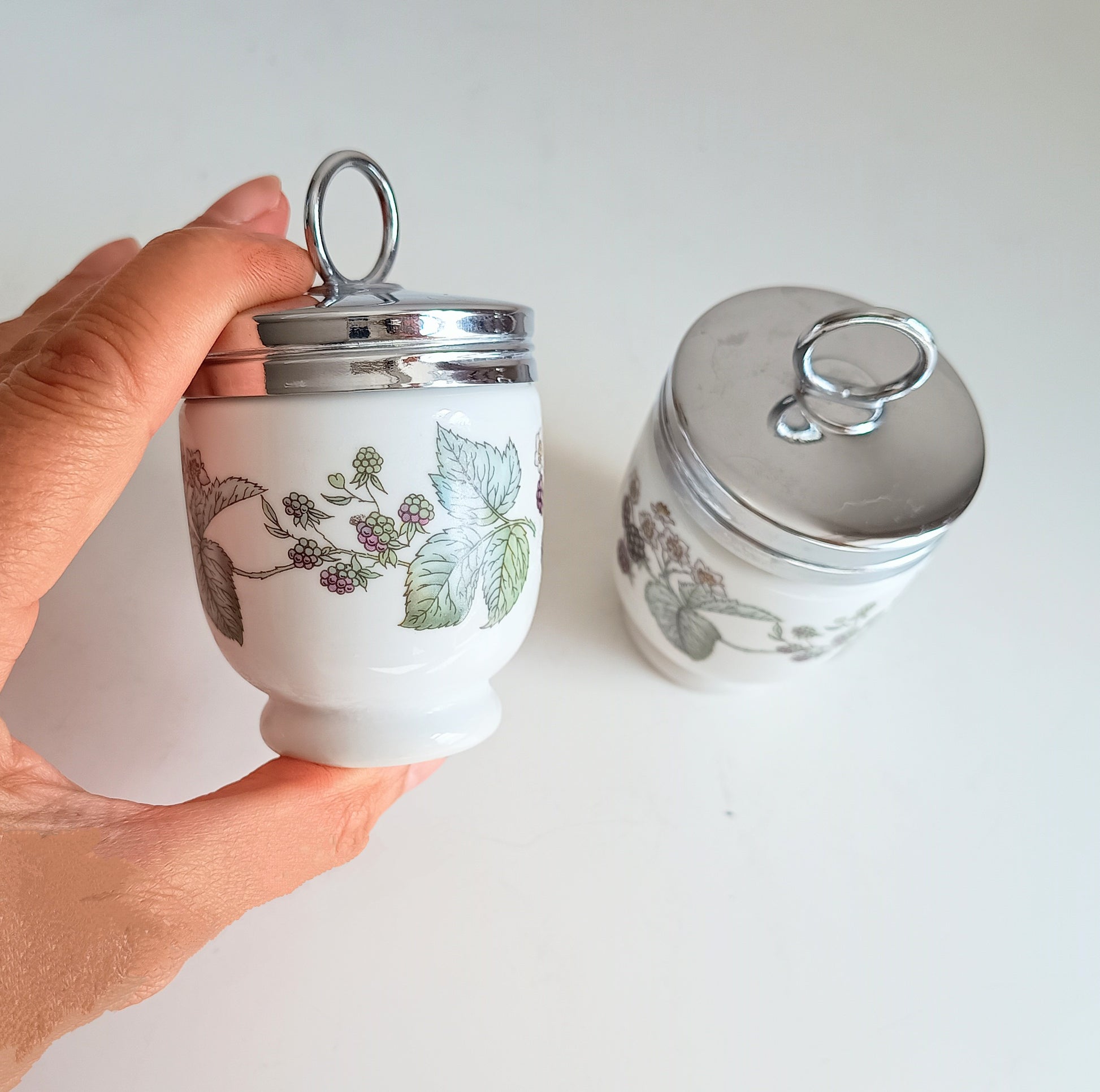 Pair of Vintage Royal Worcester Porcelain Egg Coddlers with Silver Tone Lids Blackberry Pattern Lavinia