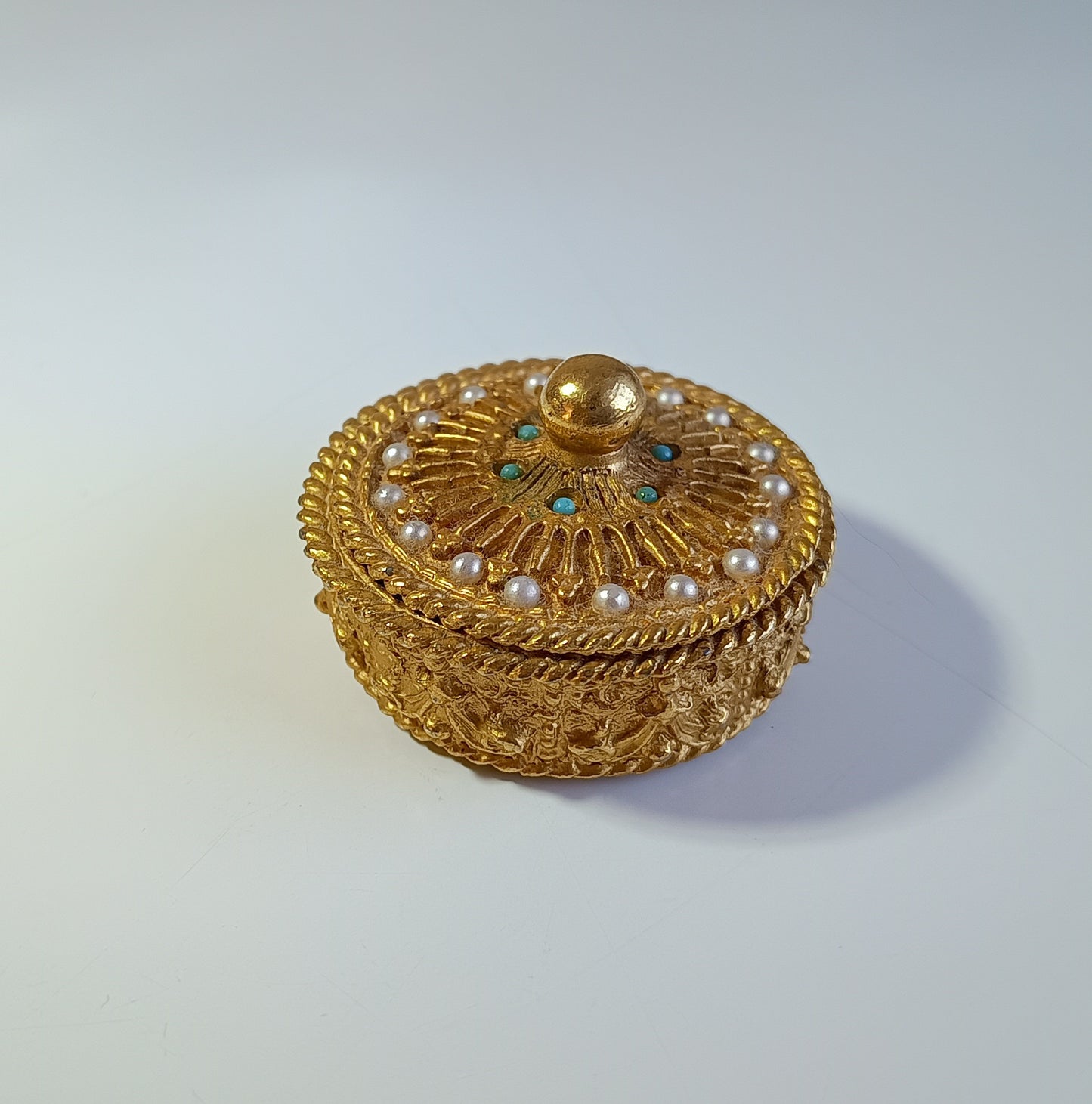 Vintage Mirella Faux Turquoise Seed Pearl Pill Box or Trinket Ring Box made in England c 1960s
