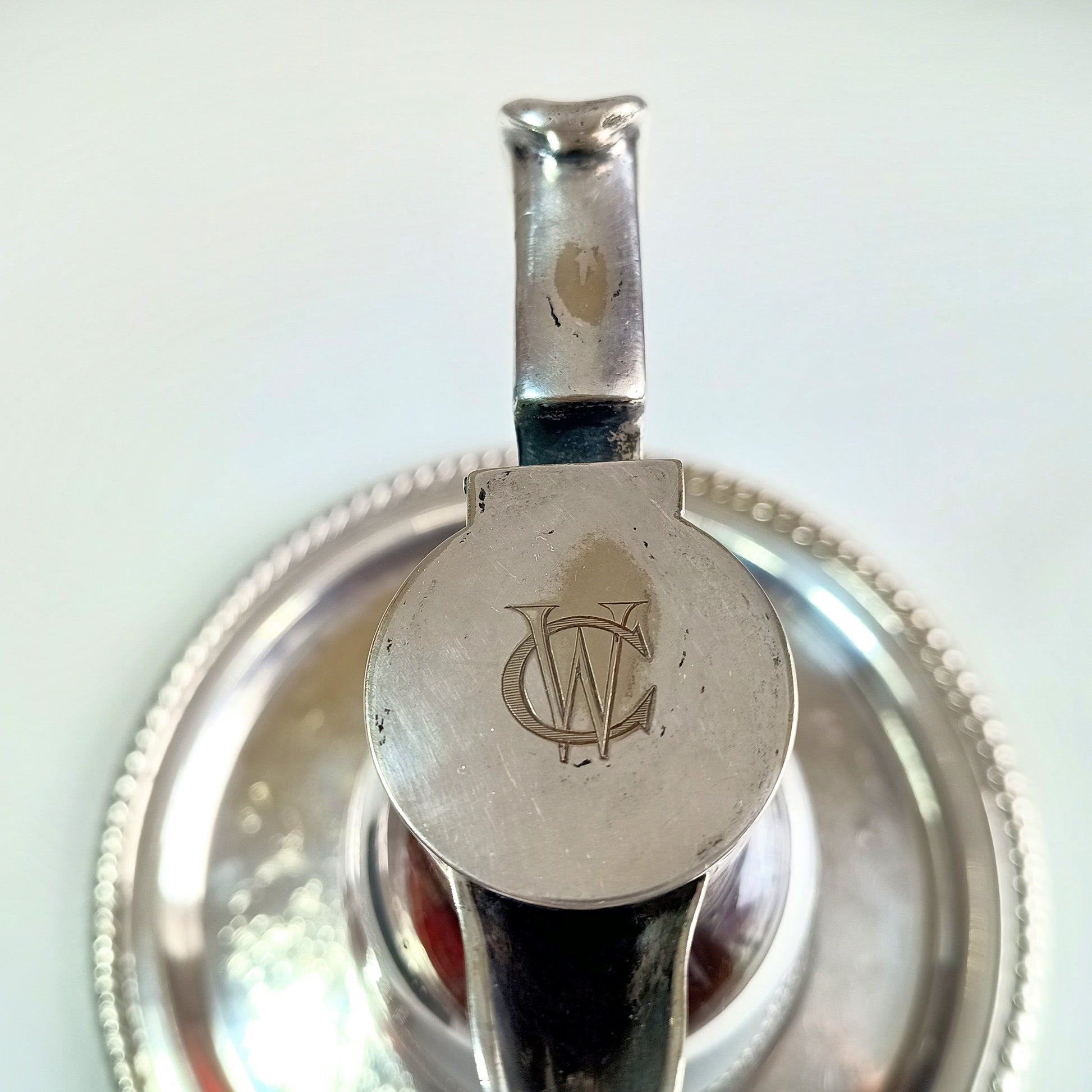 Art Nouveau Claret Jug with Star Cut Crystal Base Silver Whiplash Curve Silver Handle Monogram CW or WC